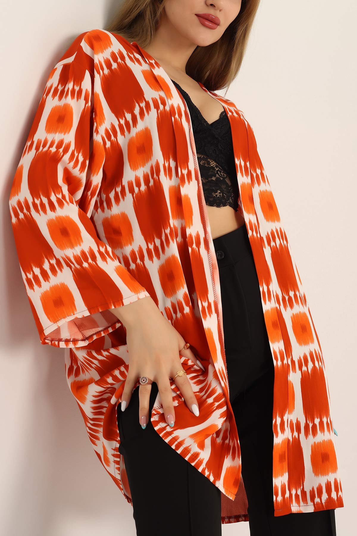 Turuncu Desenli Dokuma Viskon Kimono 173408