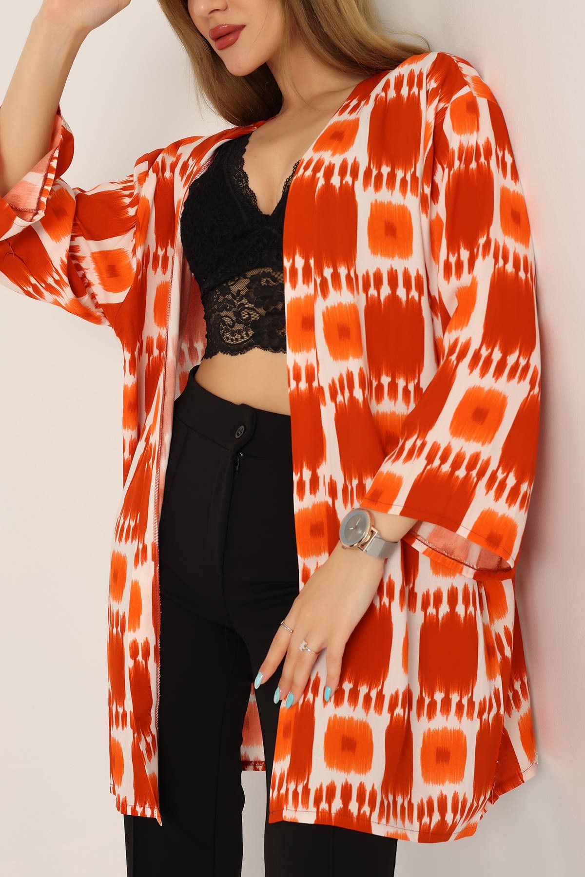 Turuncu Desenli Dokuma Viskon Kimono 173408