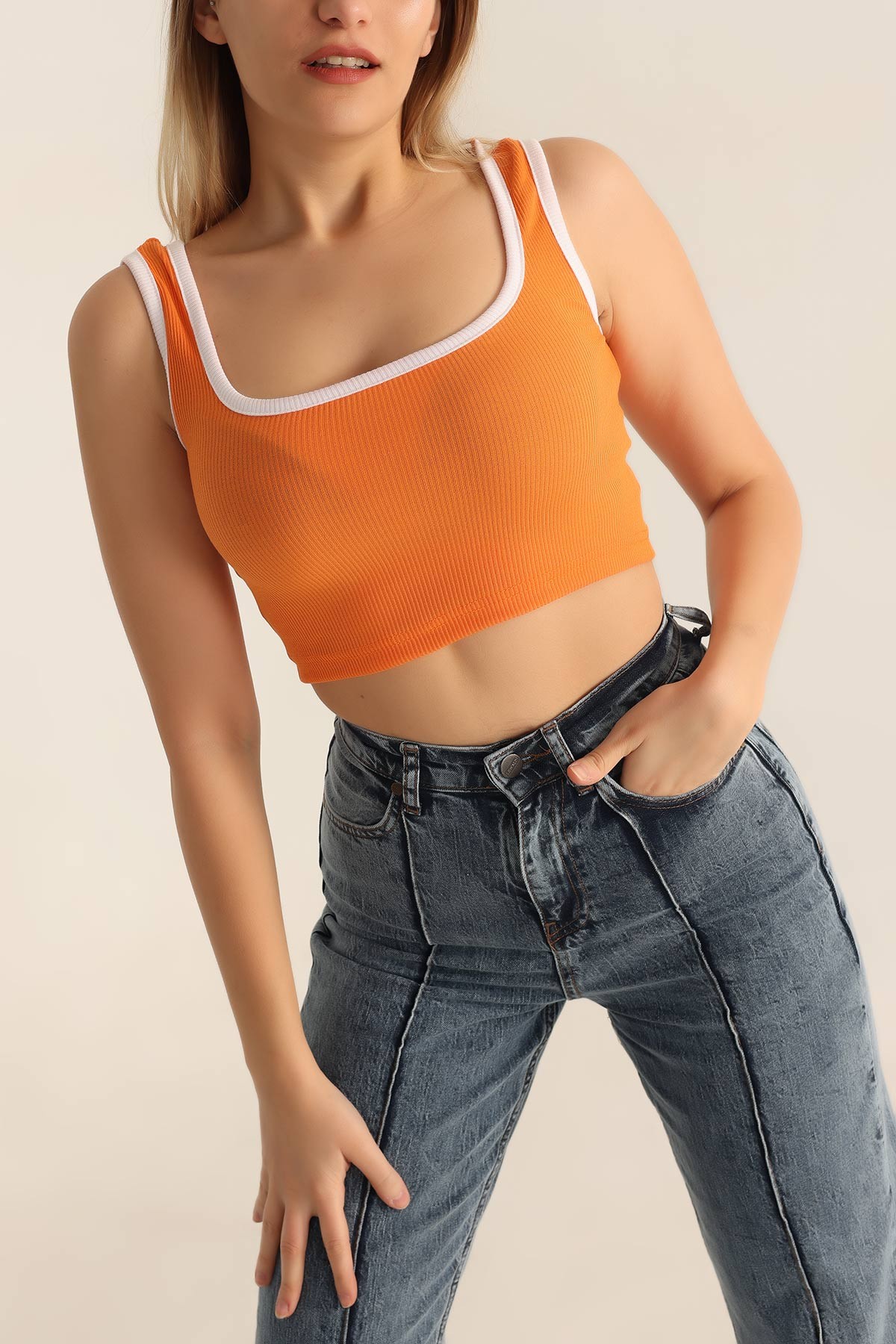 Turuncu Fitilli Likralı Crop Üst 180289