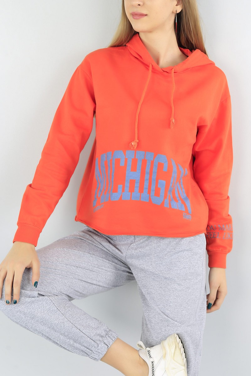 Turuncu İçi Pamuklu Baskılı Bayan Sweat 54229