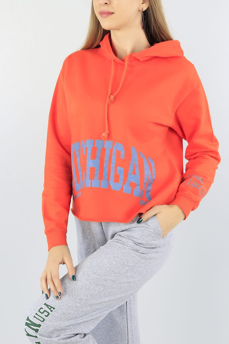 Turuncu İçi Pamuklu Baskılı Bayan Sweat 54229