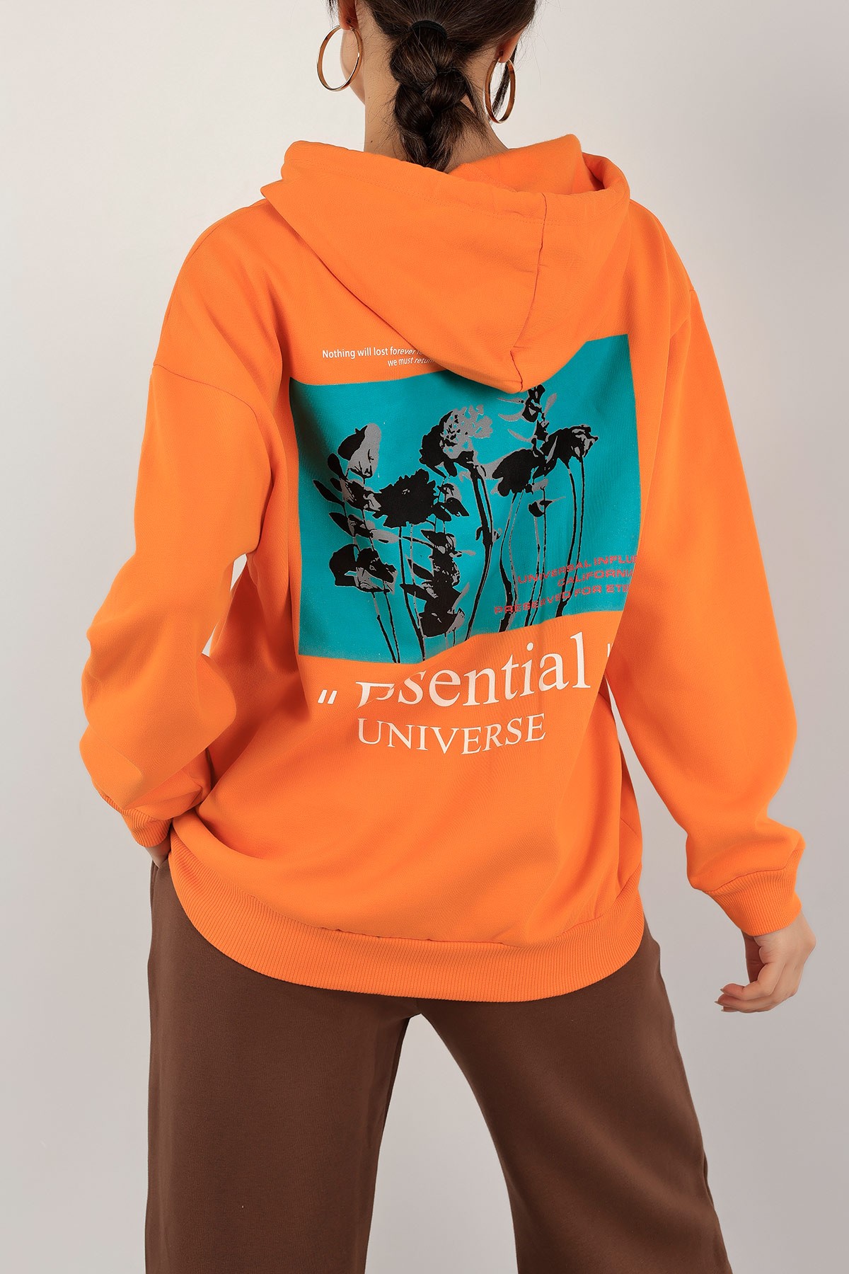 Turuncu İçi Şardonlu Kapüşonlu Bayan Sweat 138925