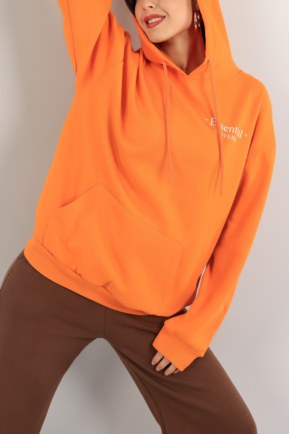Turuncu İçi Şardonlu Kapüşonlu Bayan Sweat 138925