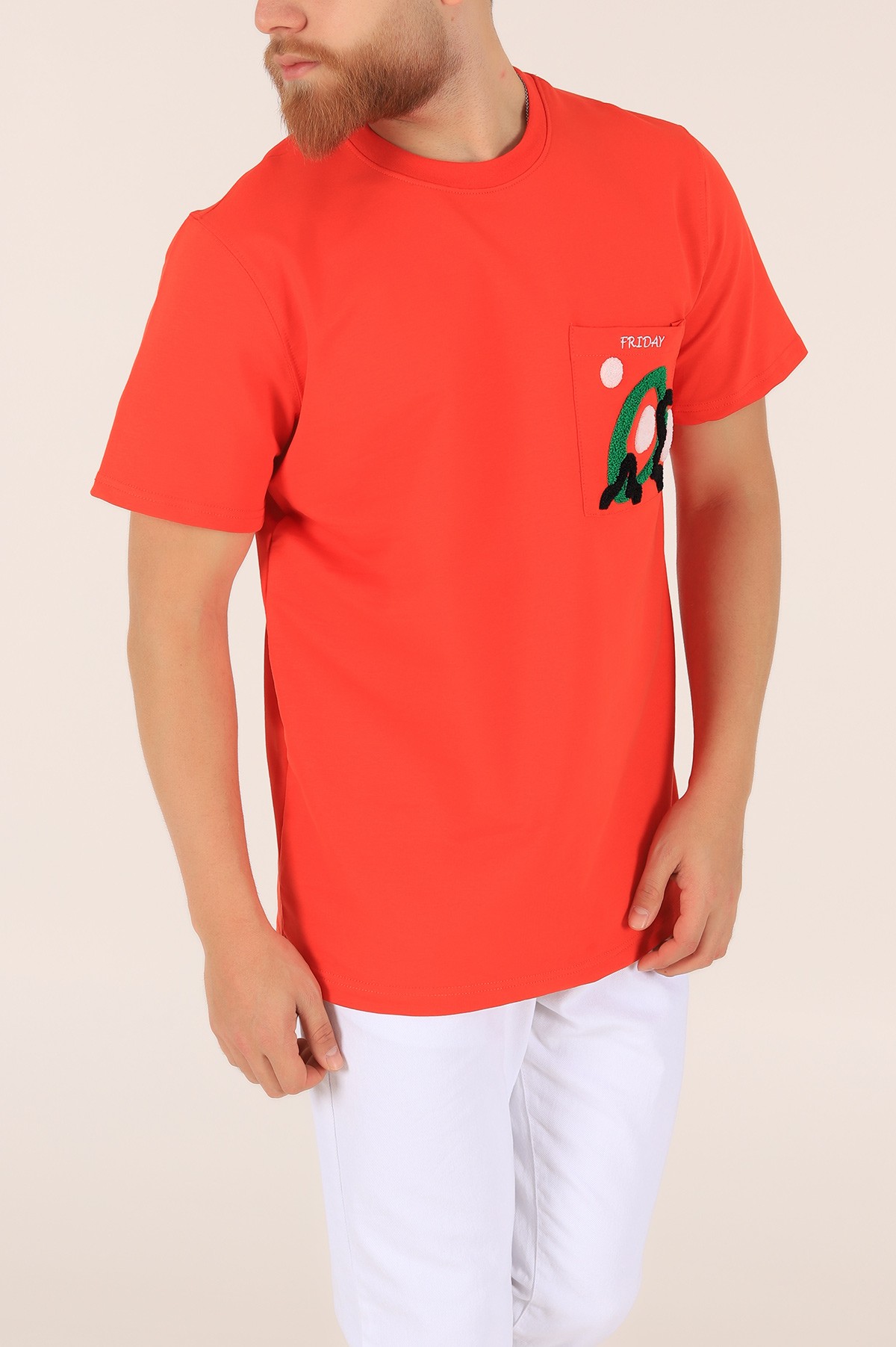Turuncu İki İp İşlemeli Oversize Erkek Tişört 163747