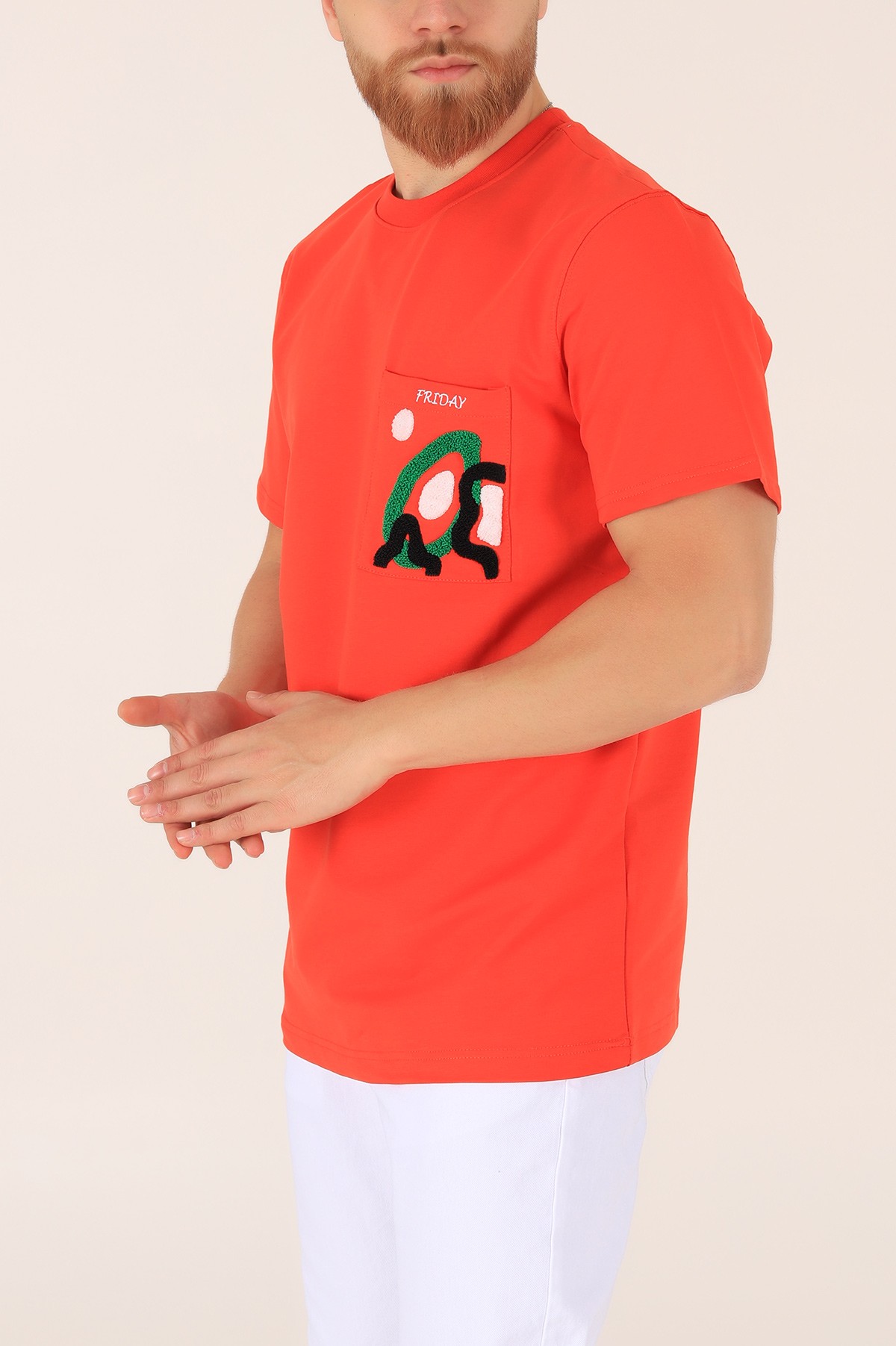 Turuncu İki İp İşlemeli Oversize Erkek Tişört 163747