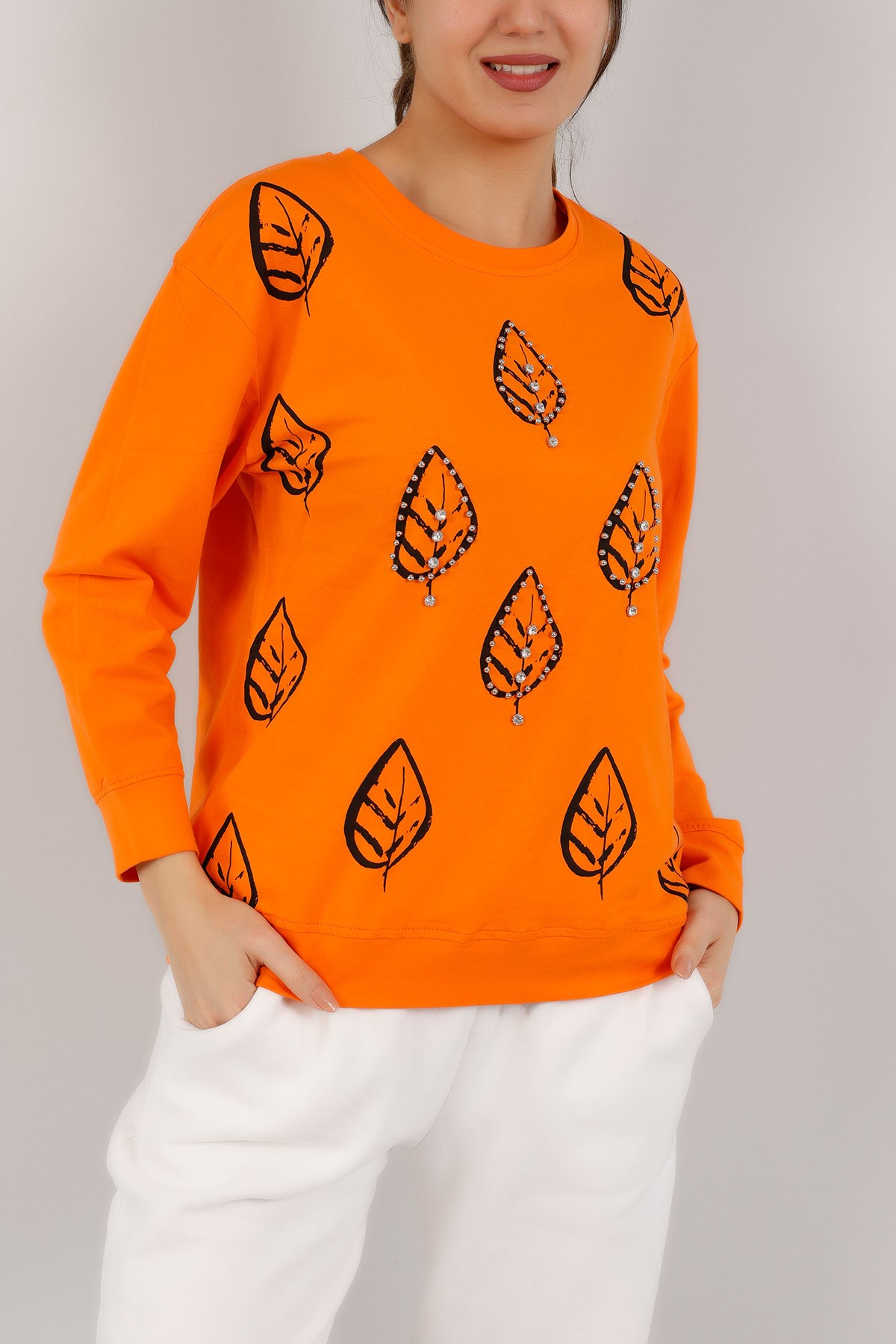 Turuncu İnci ve Taş İşlemeli Sweat 155410