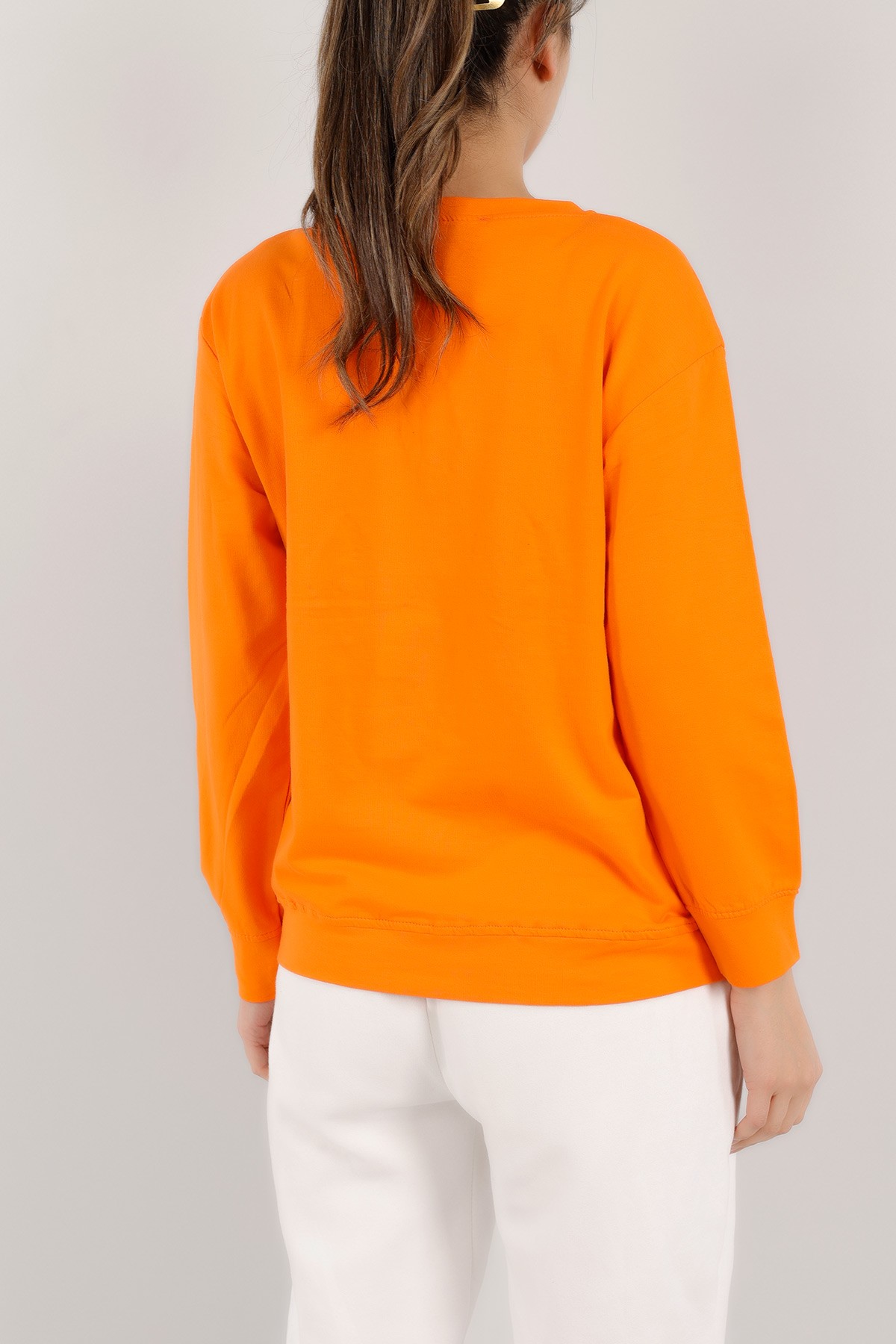 Turuncu İnci ve Taş İşlemeli Sweat 155410