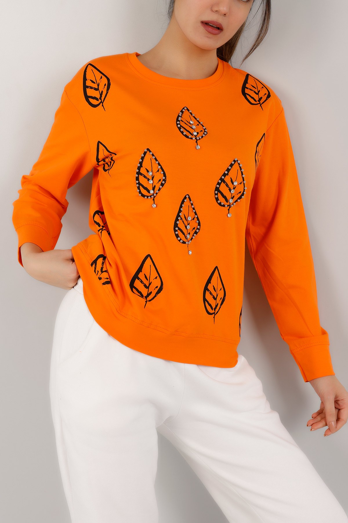 Turuncu İnci ve Taş İşlemeli Sweat 155410