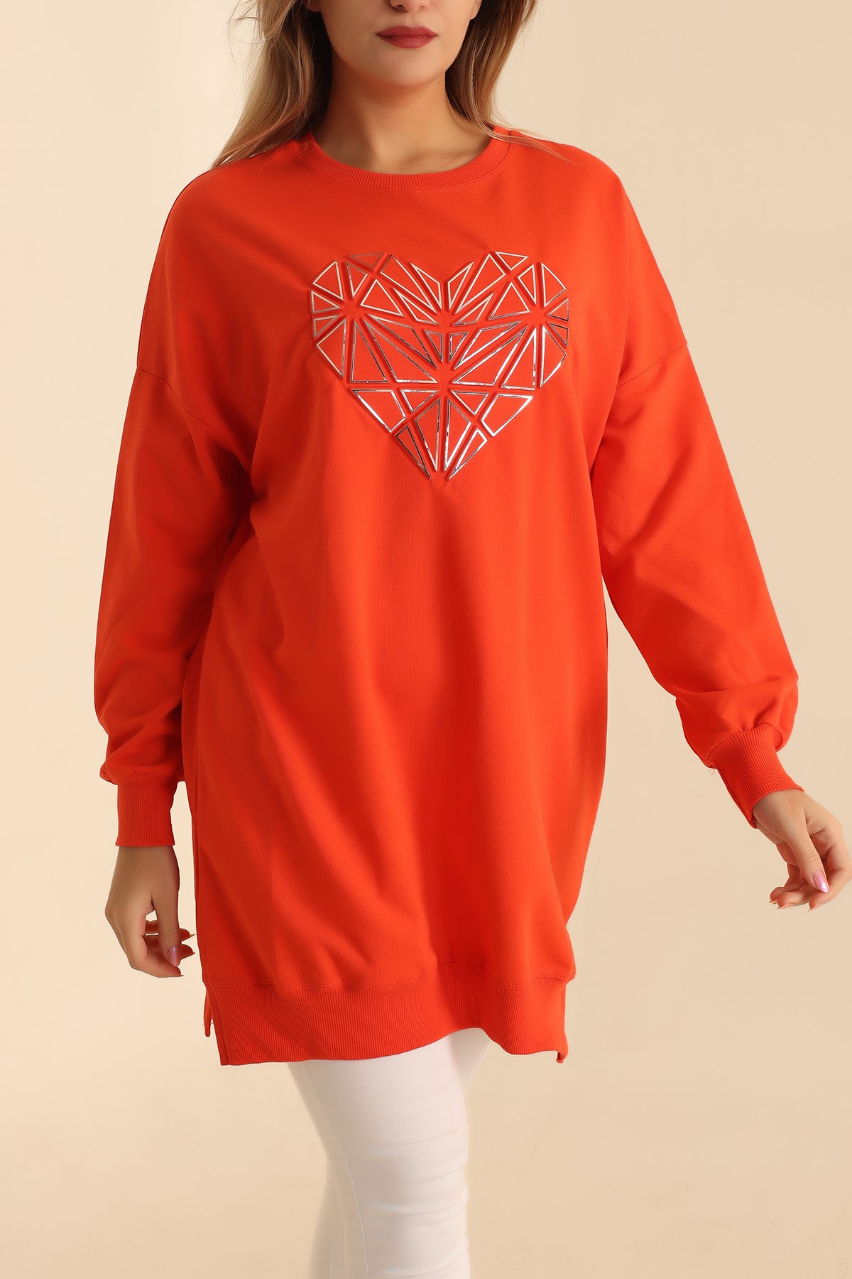 Turuncu Kalp Gofre Baskılı Sweat 214405
