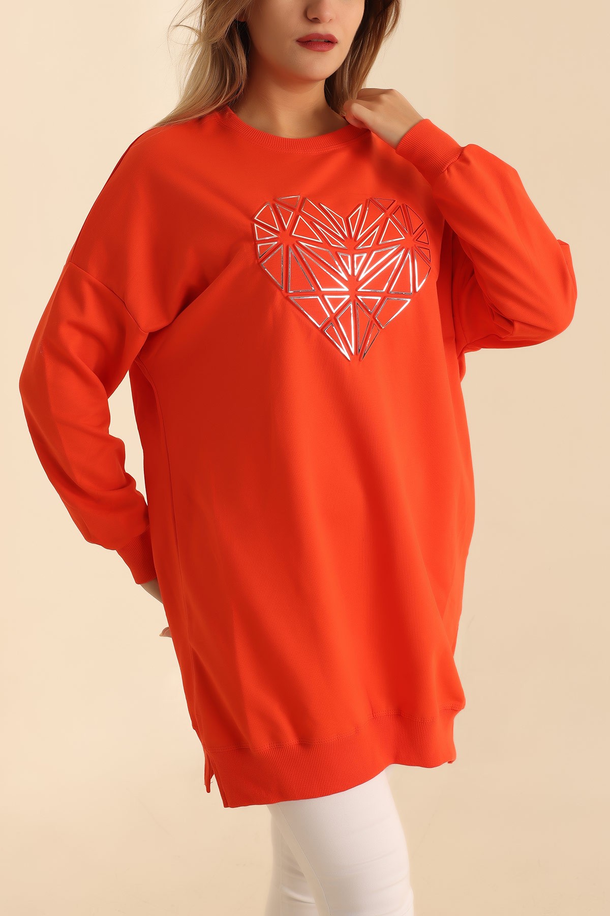 Turuncu Kalp Gofre Baskılı Sweat 214405