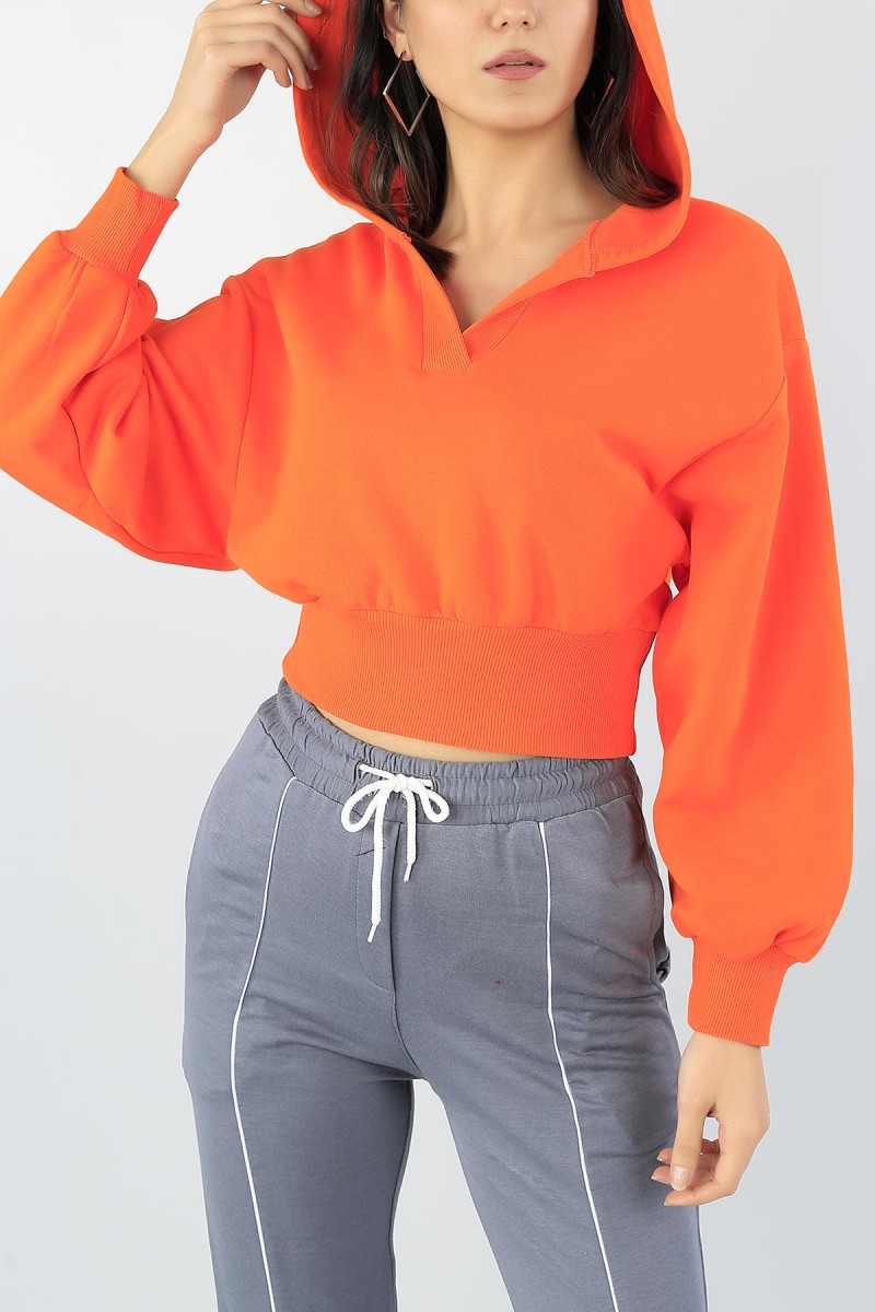 Turuncu Kapüşonlu Üç İp Bayan Crop Sweat 53565