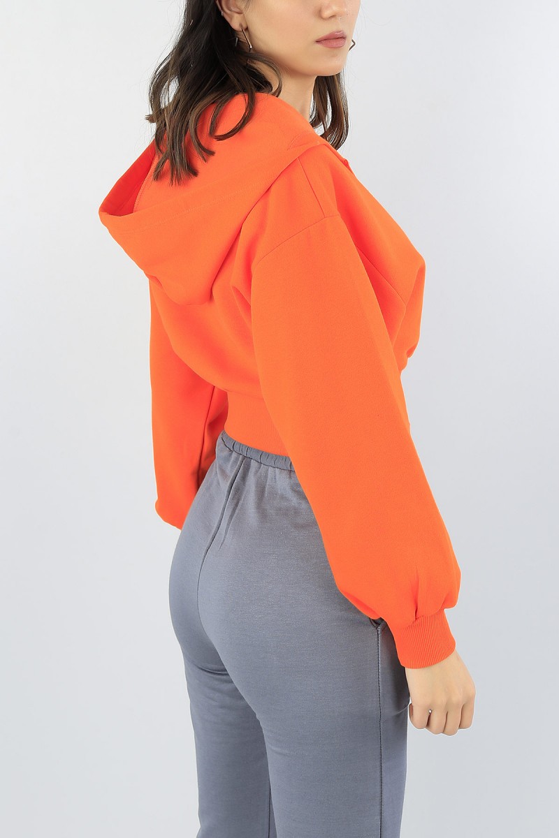 Turuncu Kapüşonlu Üç İp Bayan Crop Sweat 53565