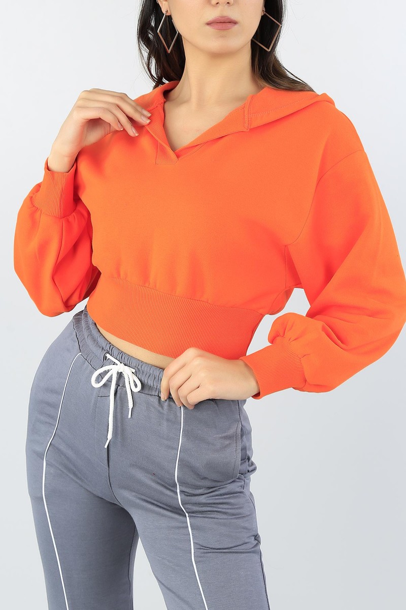 Turuncu Kapüşonlu Üç İp Bayan Crop Sweat 53565