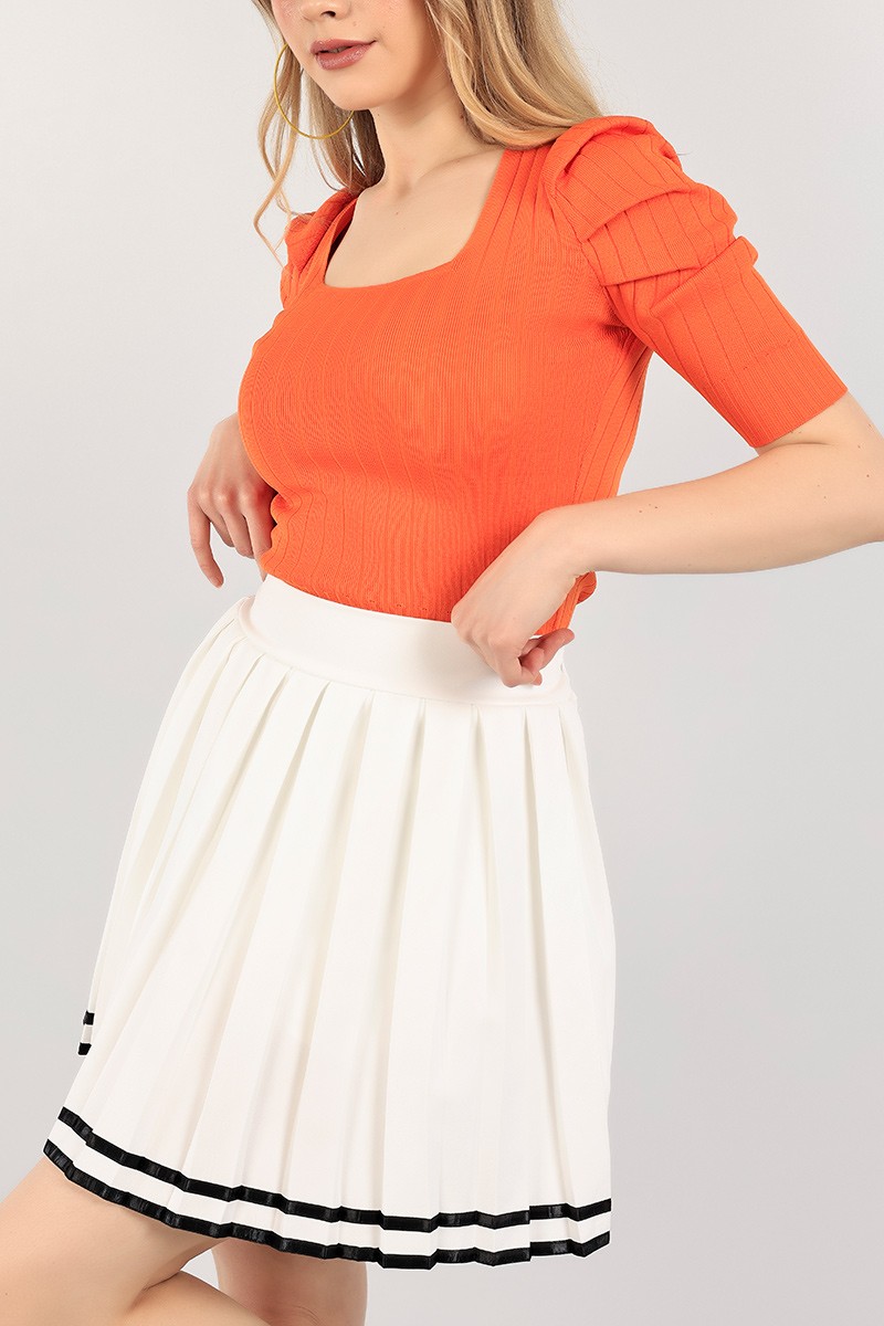 Turuncu Kare Yaka Fitilli Triko Bluz 106477