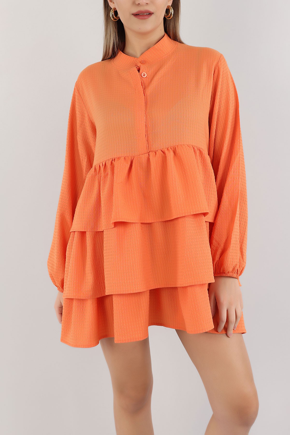 Turuncu Katlı Tasarım Gofre Kumaş Tunik 162583