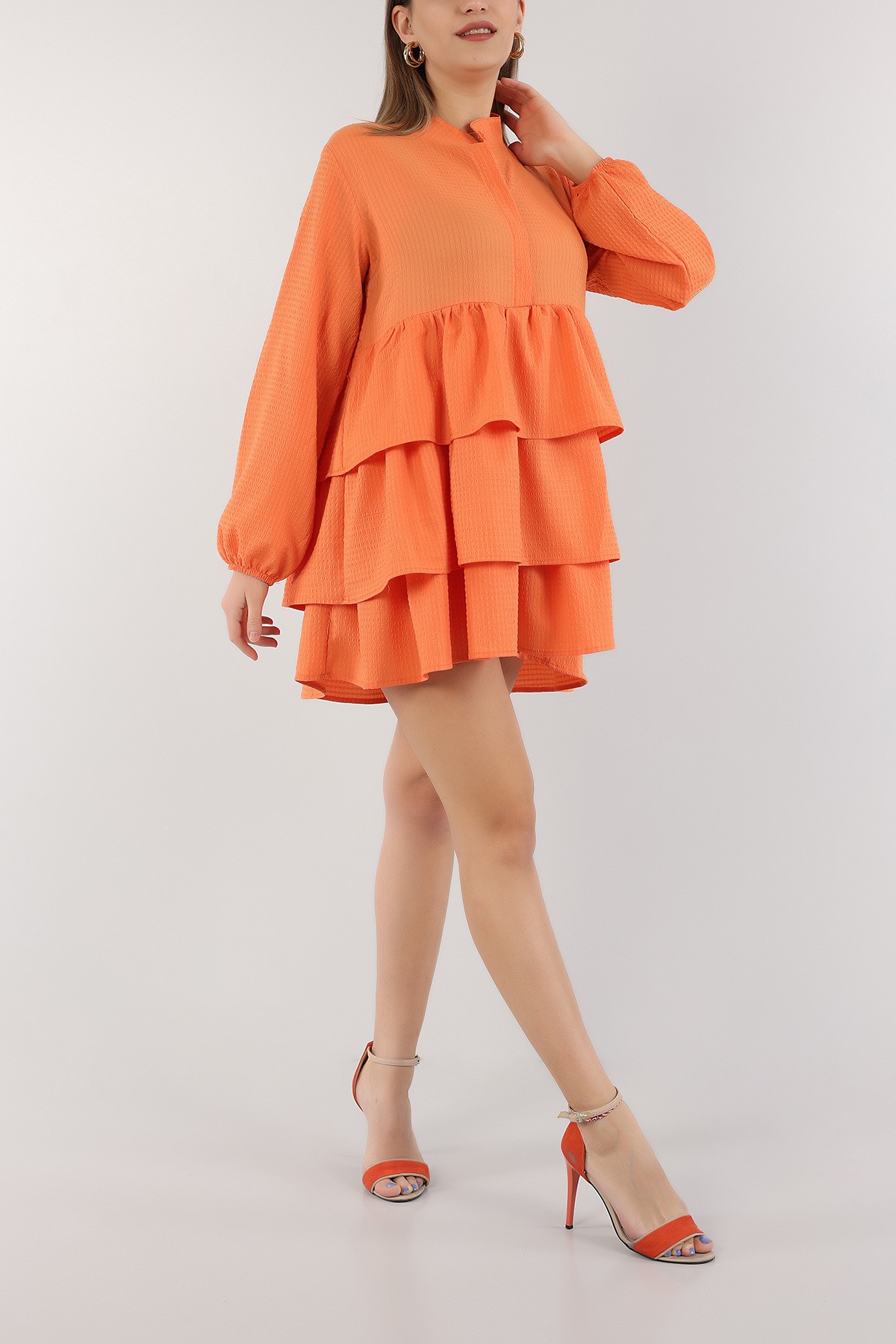 Turuncu Katlı Tasarım Gofre Kumaş Tunik 162583