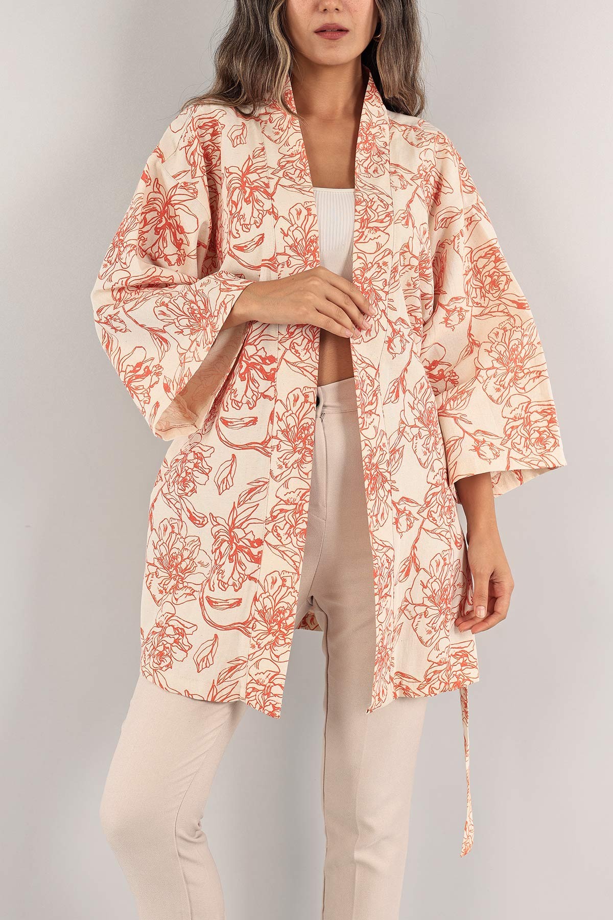 Turuncu Kemerli Desenli Keten Kimono Hırka 131875