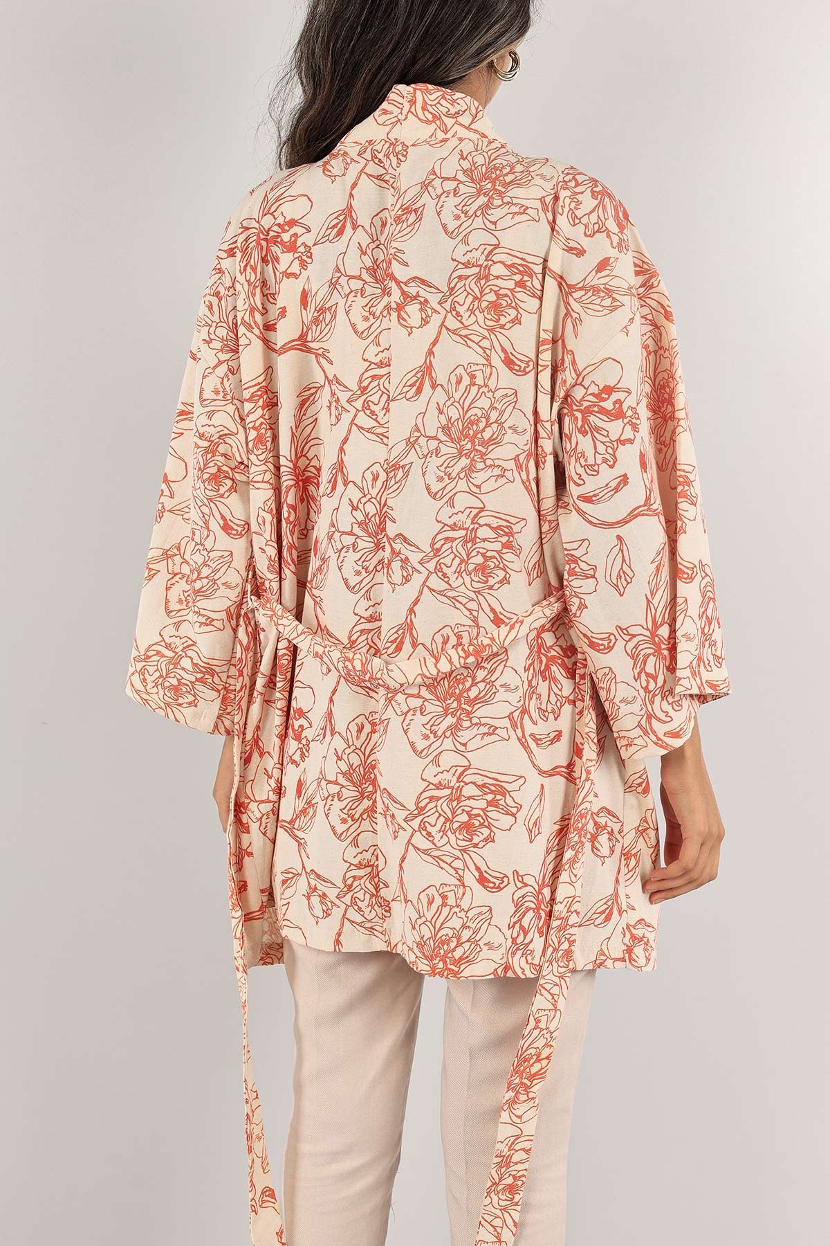 Turuncu Kemerli Desenli Keten Kimono Hırka 131875