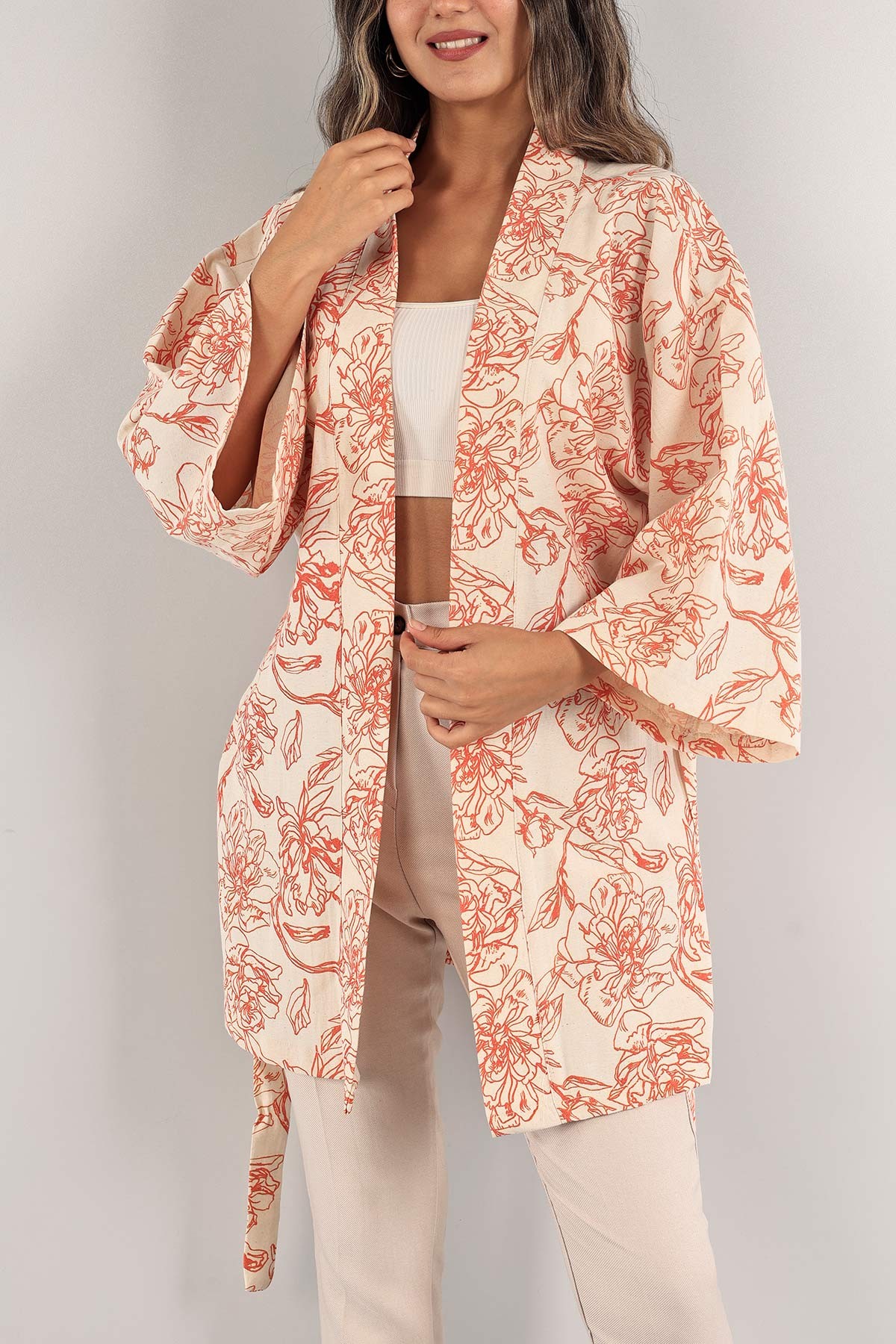 Turuncu Kemerli Desenli Keten Kimono Hırka 131875
