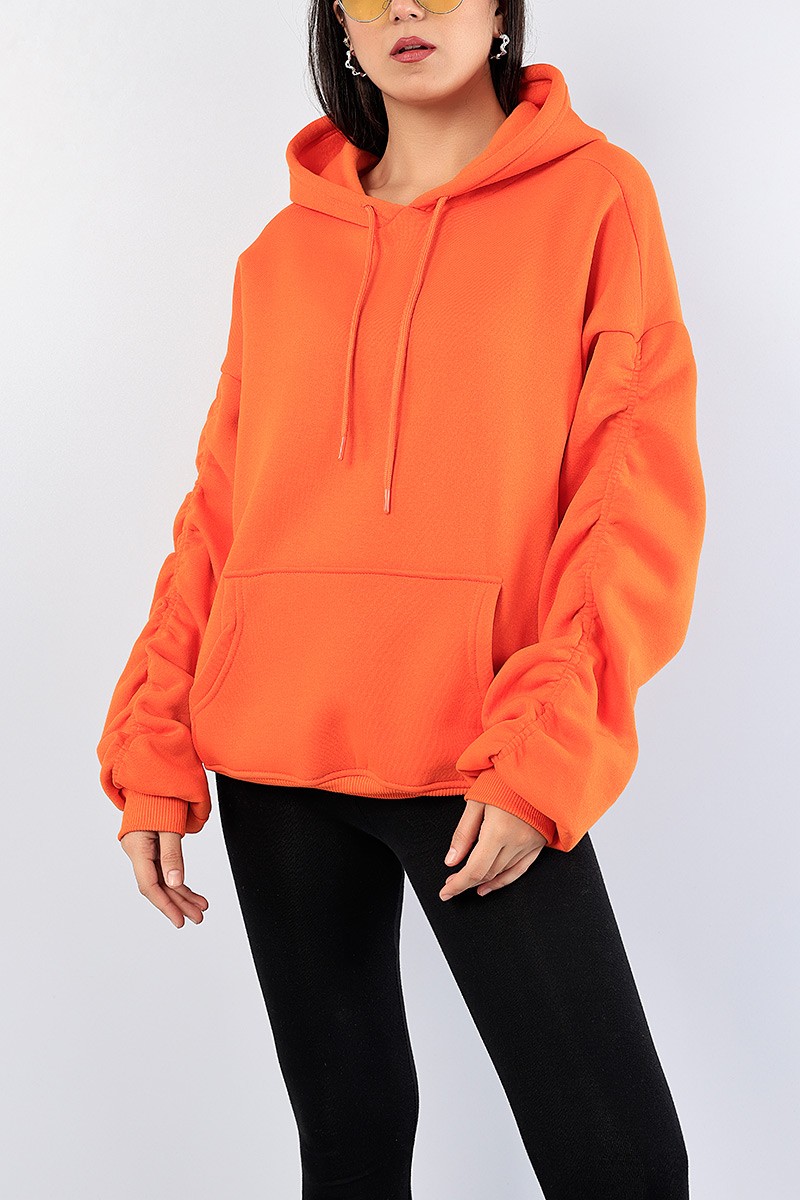 Turuncu Kolları Büzgülü Şardonlu Bayan Sweat 76163