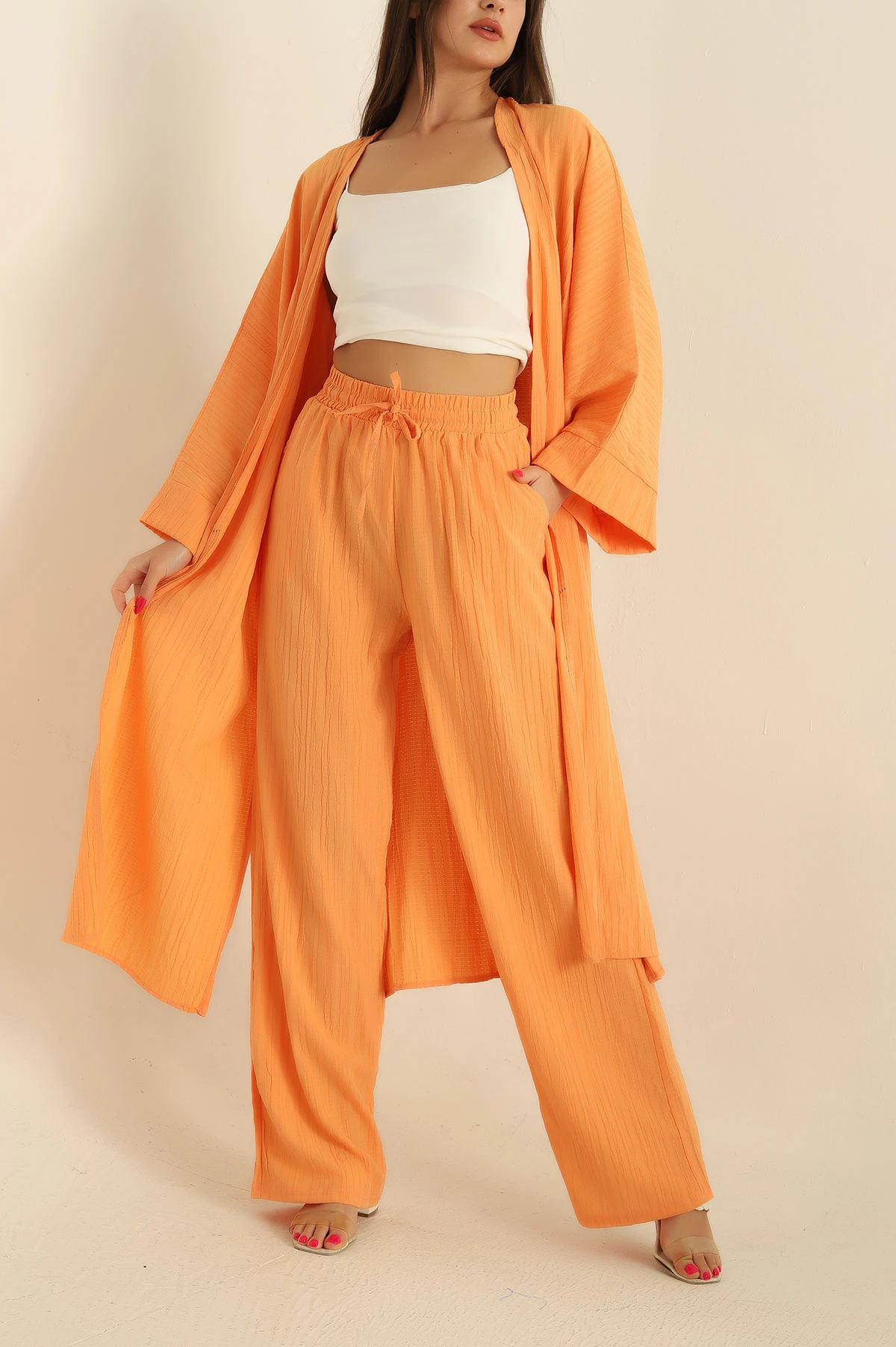 Turuncu Krinkıl Kimono Pantolon İkili Takım 278674