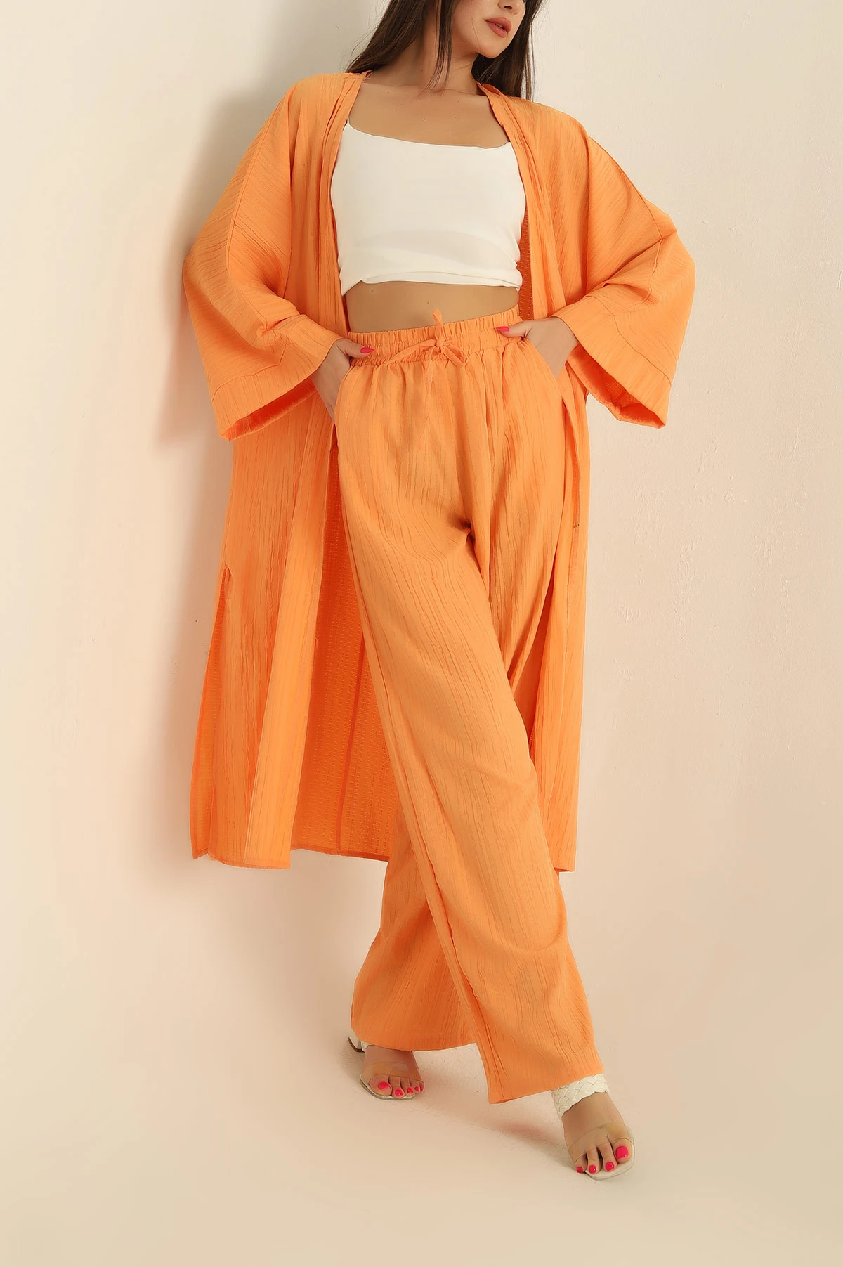 Turuncu Krinkıl Kimono Pantolon İkili Takım 278674