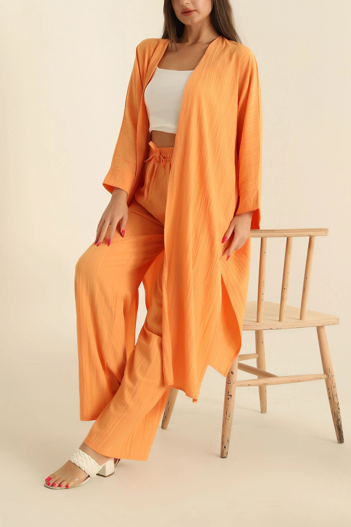 Turuncu Krinkıl Kimono Pantolon İkili Takım 278674