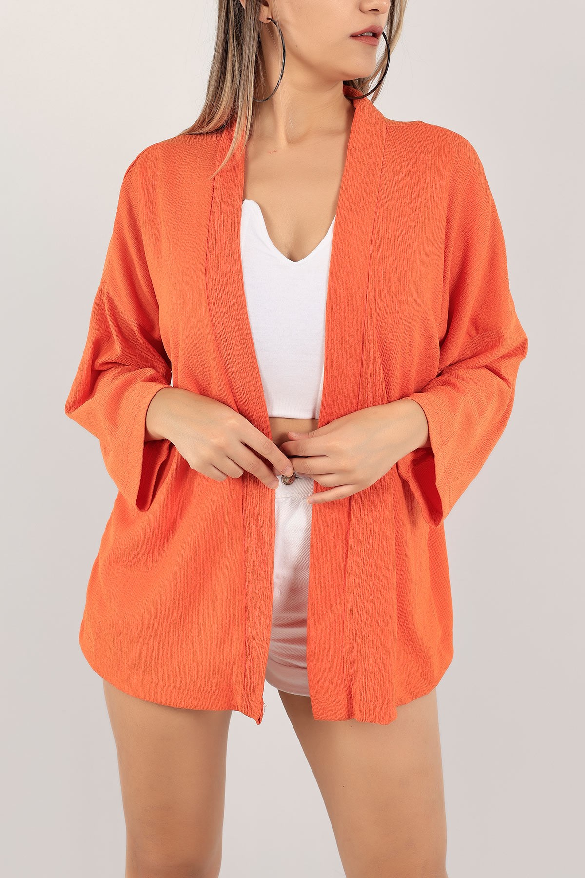 Turuncu Krinkıl Kumaş Bayan Kimono 117558