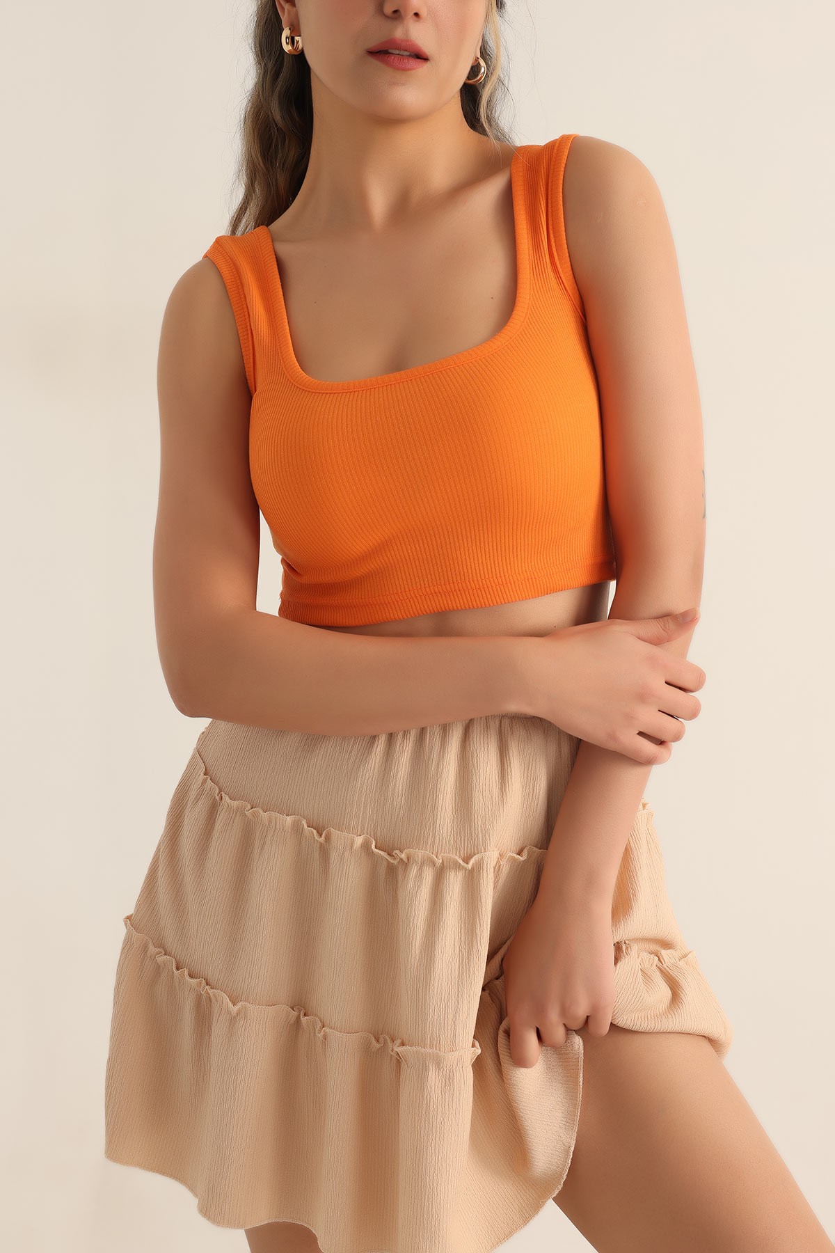Turuncu Likralı Fitilli Crop Atlet 180255