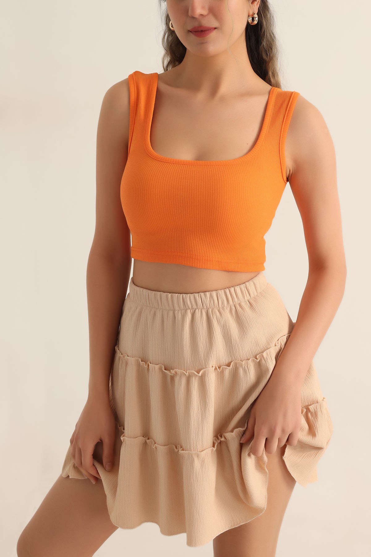 Turuncu Likralı Fitilli Crop Atlet 180255