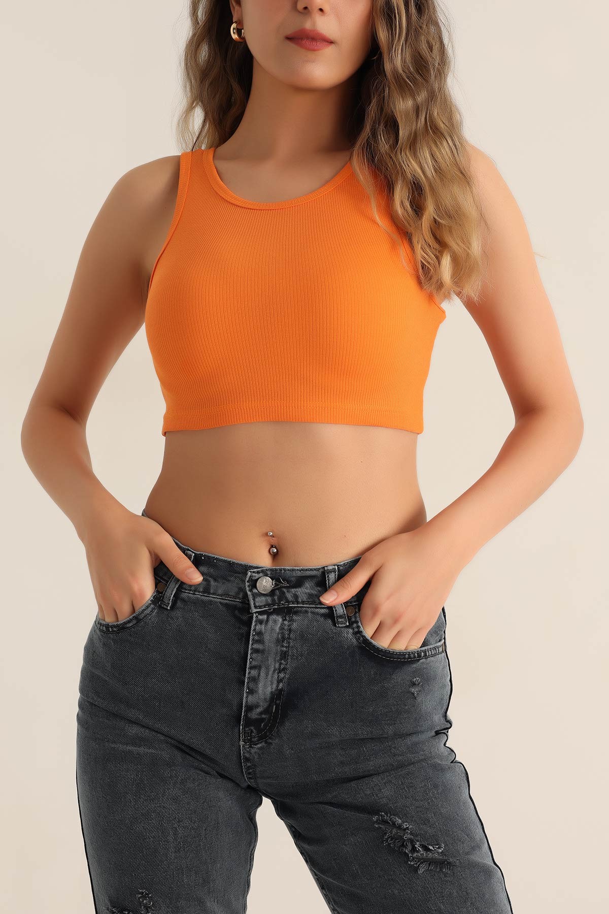 Turuncu Likralı Fitilli Crop Atlet 180262