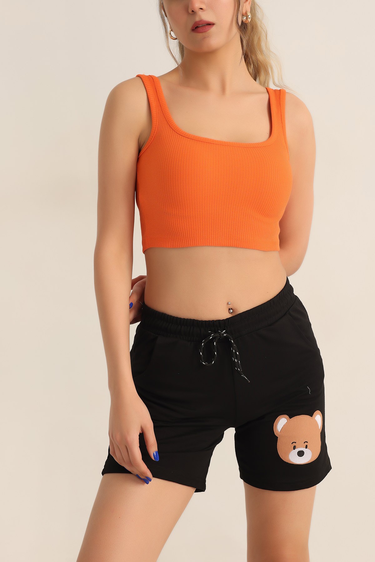 Turuncu Likralı Fitilli Crop Atlet 182493