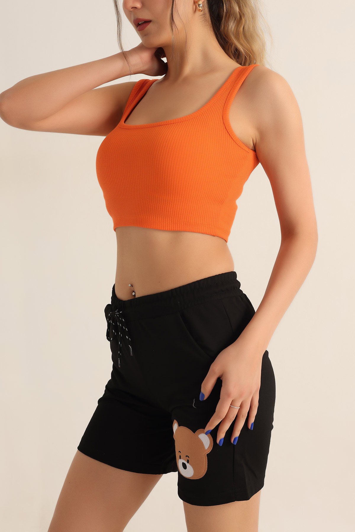 Turuncu Likralı Fitilli Crop Atlet 182493