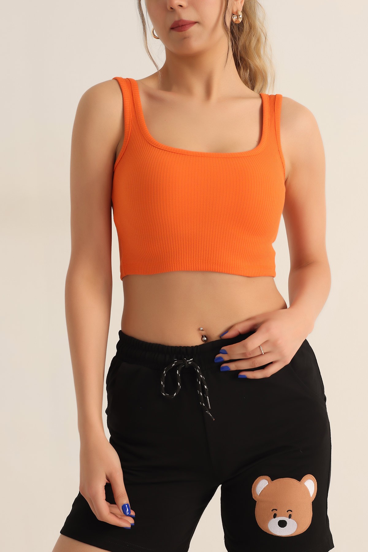 Turuncu Likralı Fitilli Crop Atlet 182493