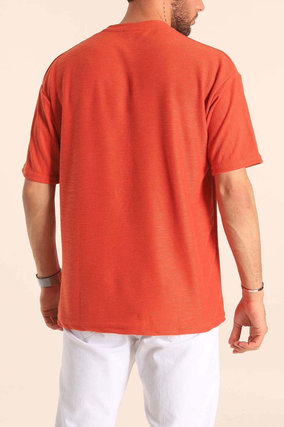 Turuncu Oversize Dokulu Bisiklet Yaka Erkek Tişört 181433