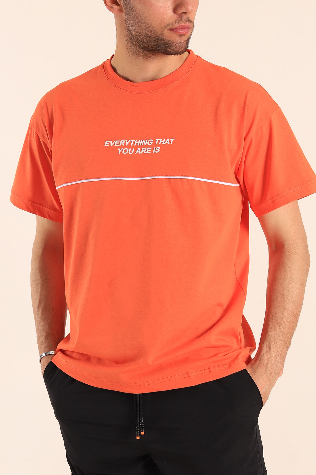 Turuncu Oversize Göğüs Kabartma Yazılı Erkek Tişört 184313