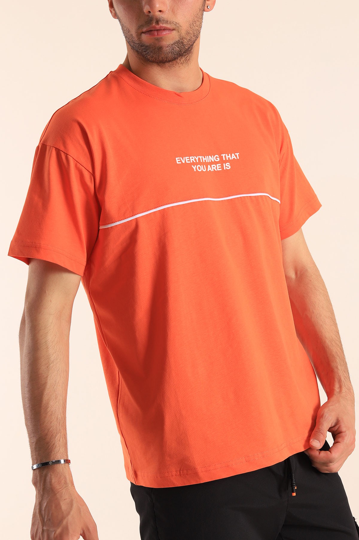Turuncu Oversize Göğüs Kabartma Yazılı Erkek Tişört 184313