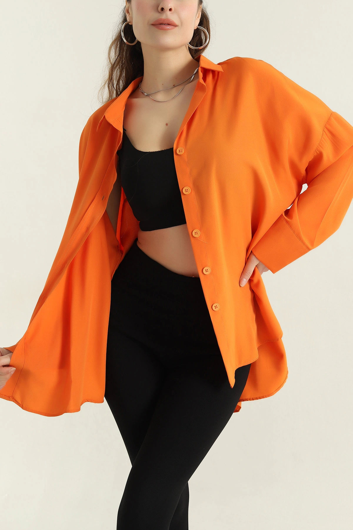 Turuncu Oversize Kadın Poplin Gömlek 360288