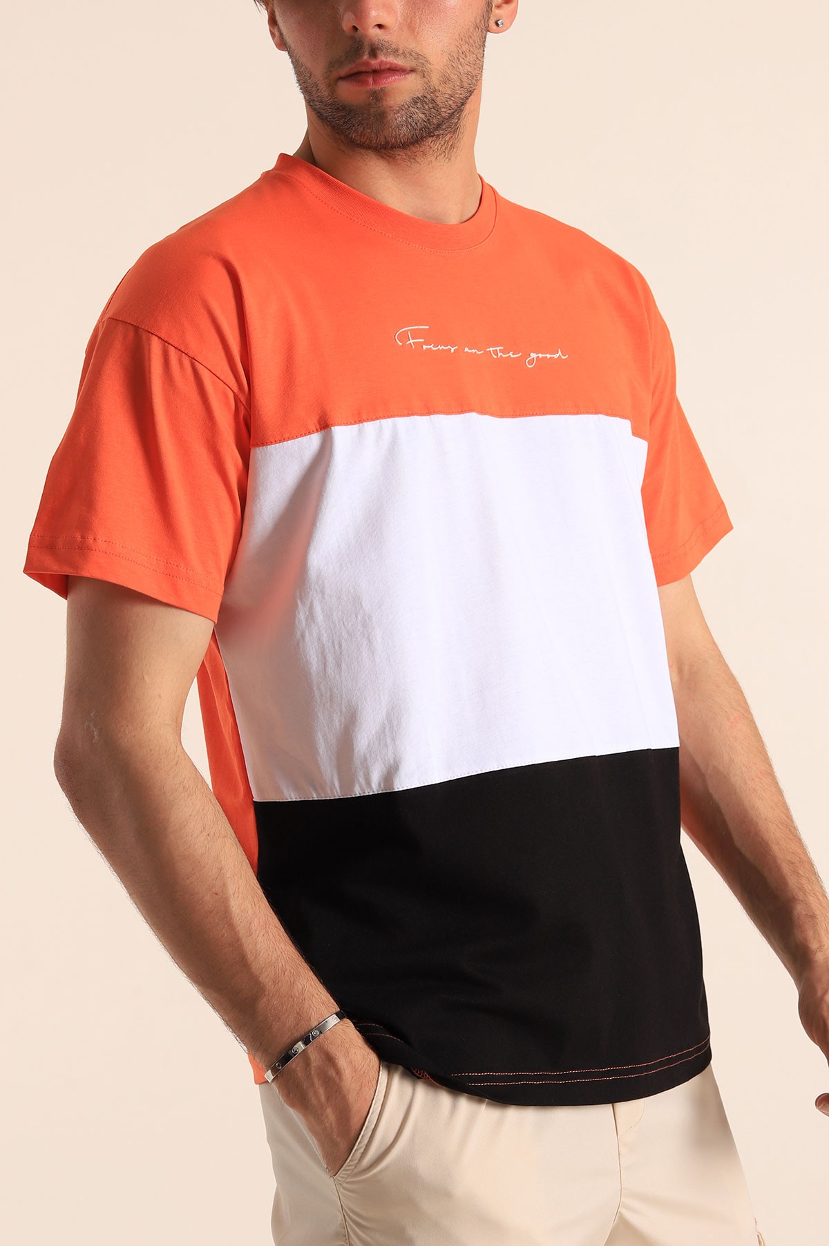 Turuncu Oversize Parçalı Yazı Detay Erkek Tişört 186708