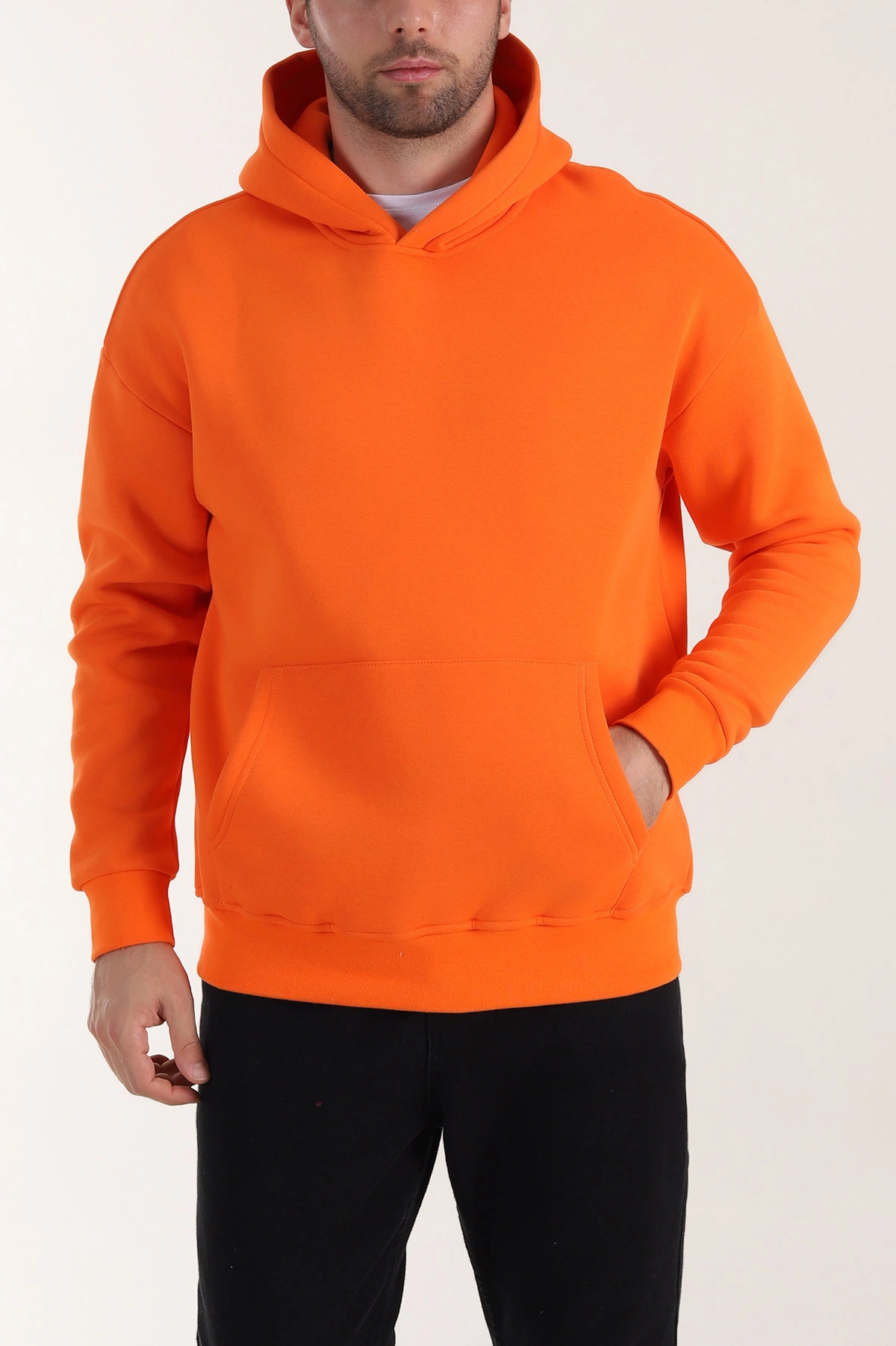 Turuncu Oversize Üç İp Şardonlu Erkek Basic Kapüşonlu Sweatshirt 410485