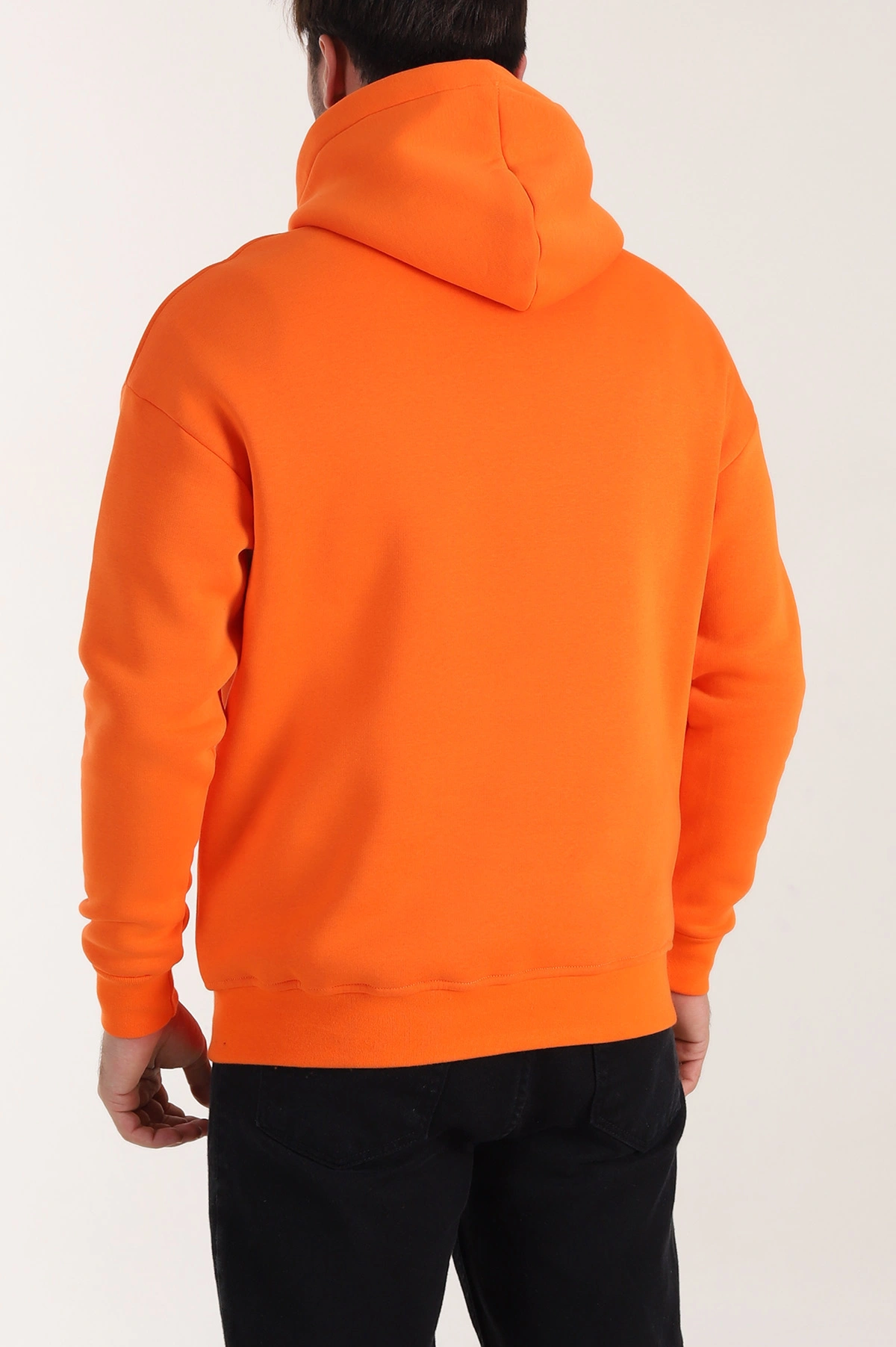 Turuncu Oversize Üç İp Şardonlu Erkek Basic Kapüşonlu Sweatshirt 410485