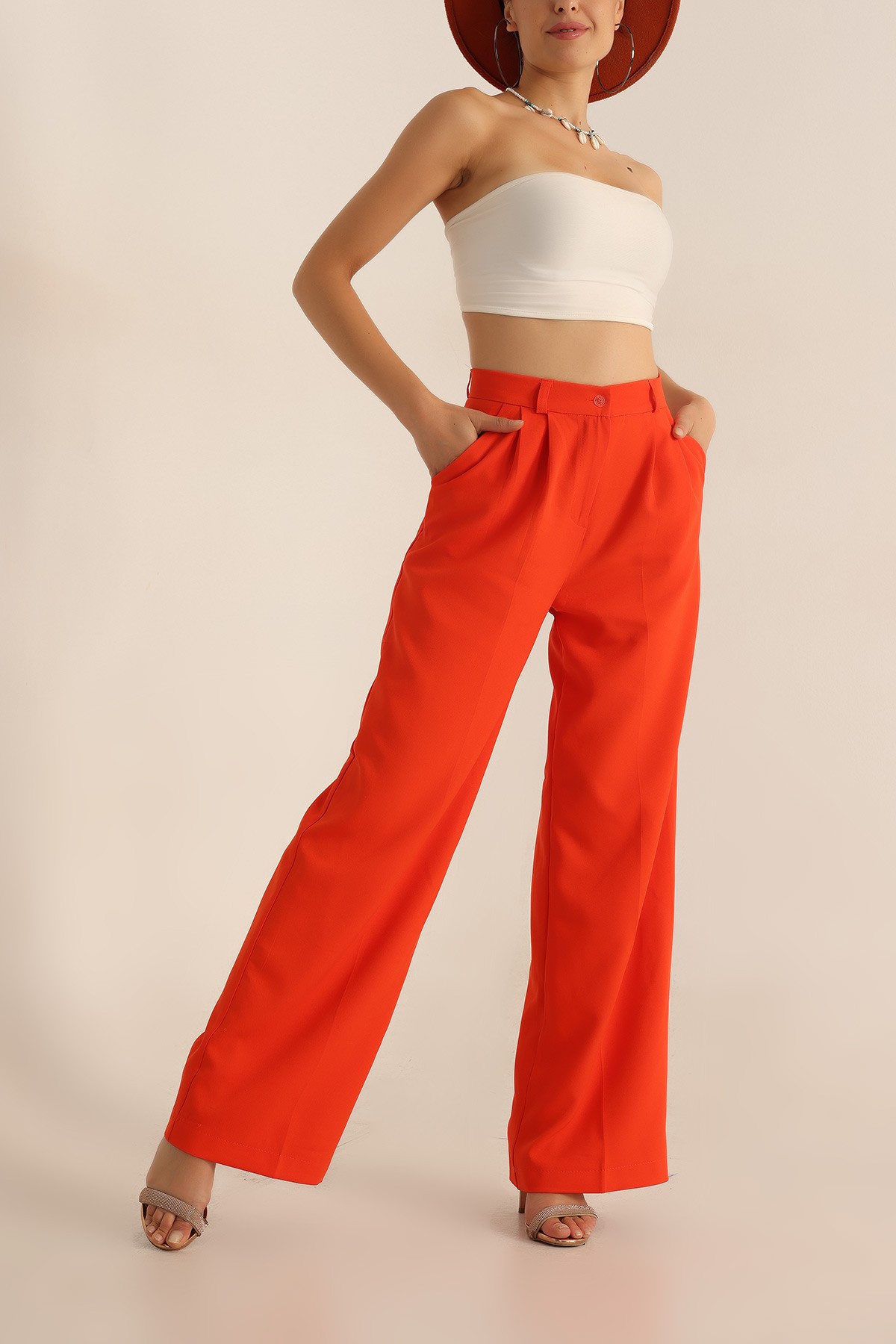 Turuncu Pileli Palazzo Bayan Pantalon 196246