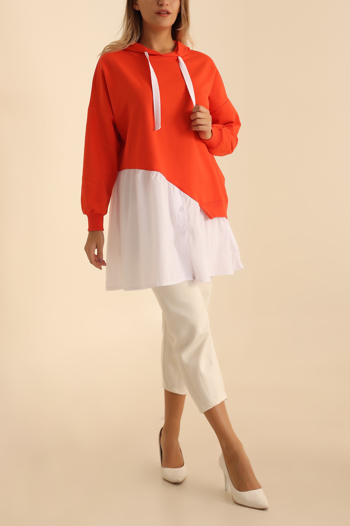 Turuncu Poplin Garnili İki İp Sweat Tunik 207854