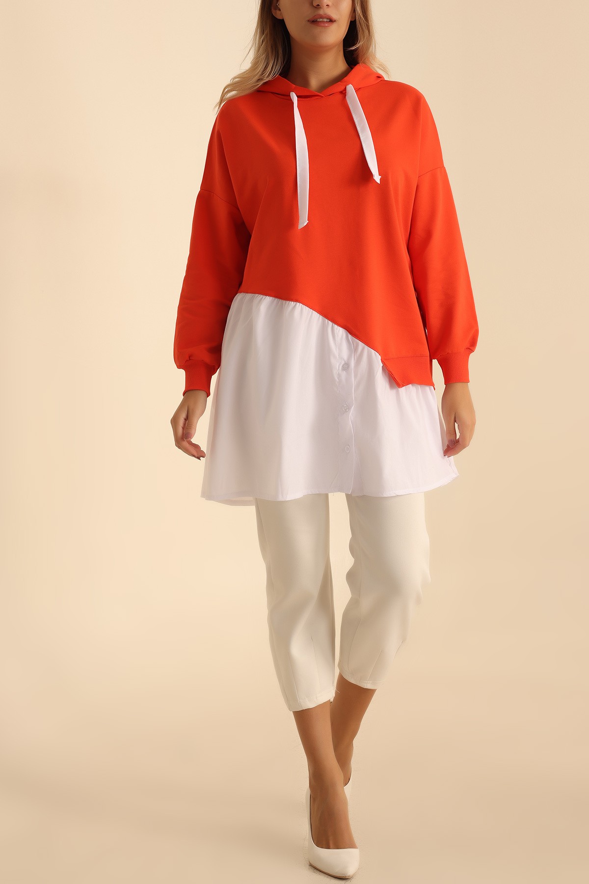 Turuncu Poplin Garnili İki İp Sweat Tunik 207854