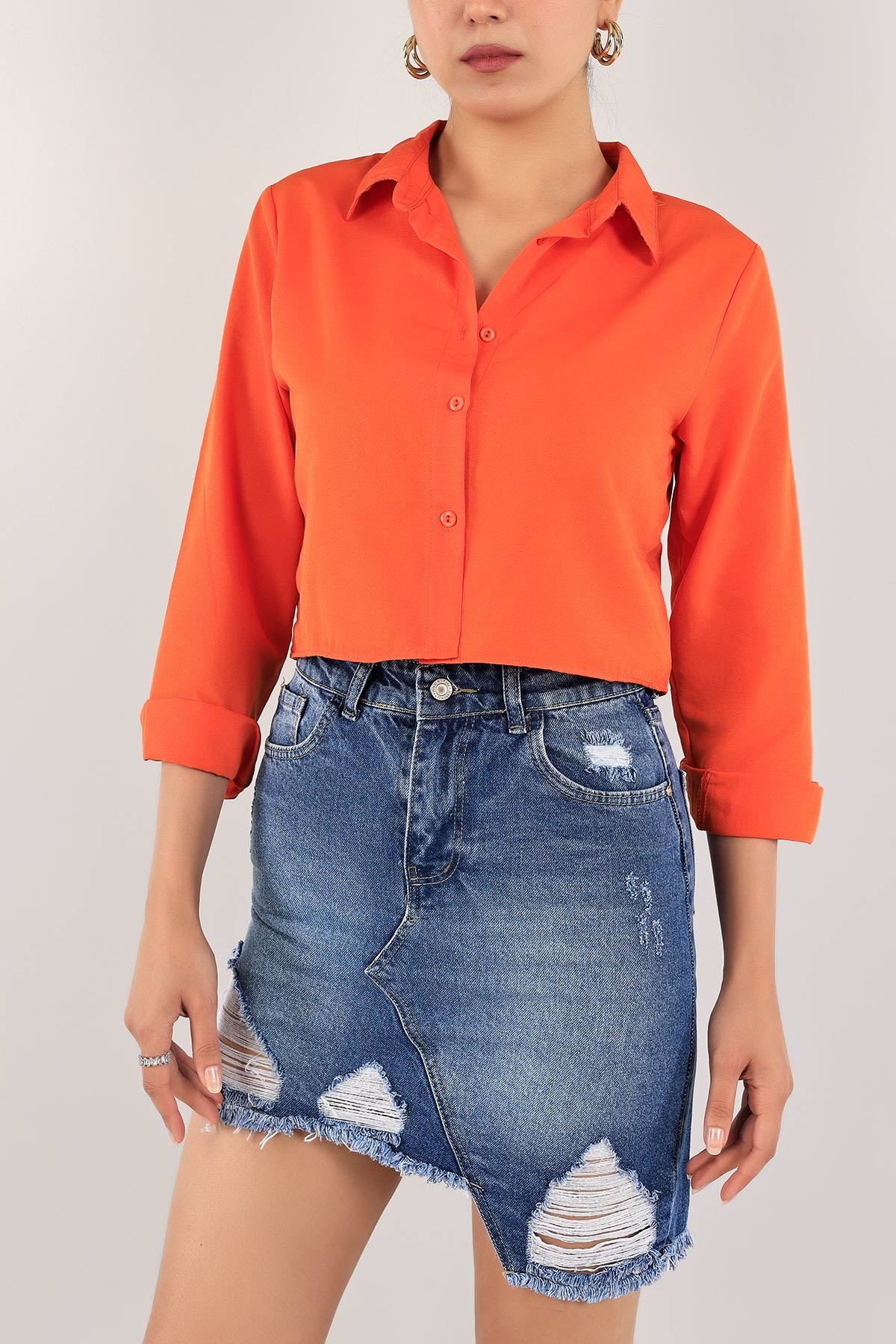 Turuncu Poplin Kumaş Crop Gömlek 118862