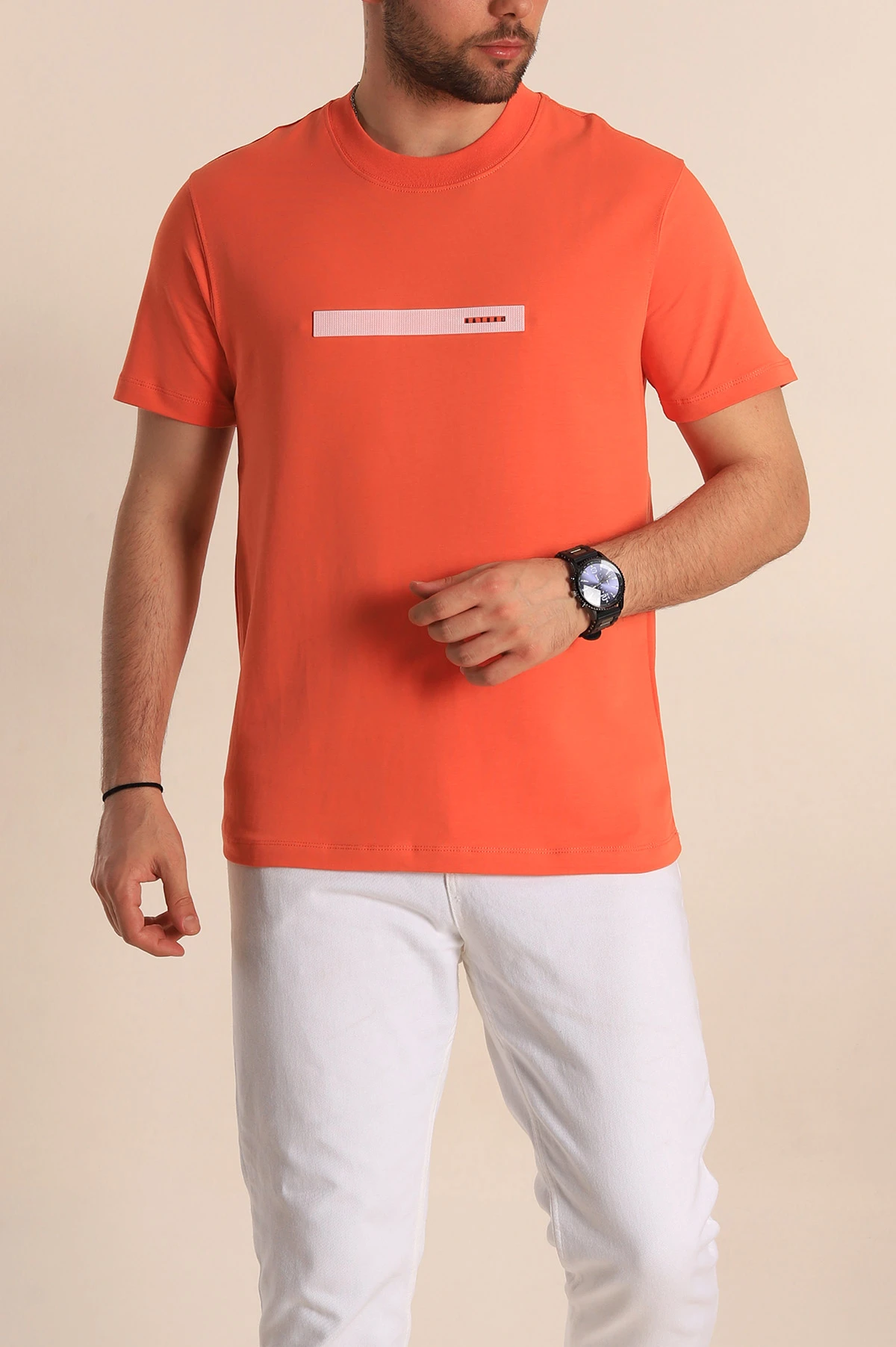 Turuncu Regular Fit Plastik Baskı Detaylı Erkek Tişört 268114
