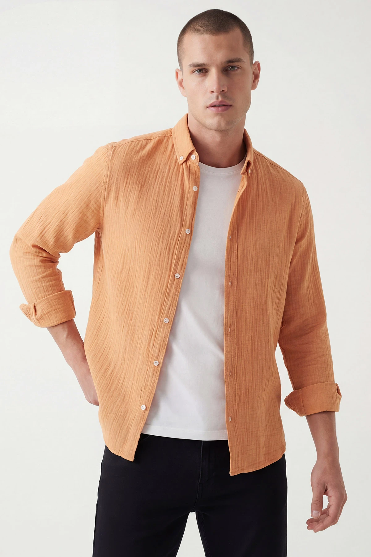 Turuncu Relaxed Fit Müslin Keten Ata Yaka Erkek Gömlek 435754