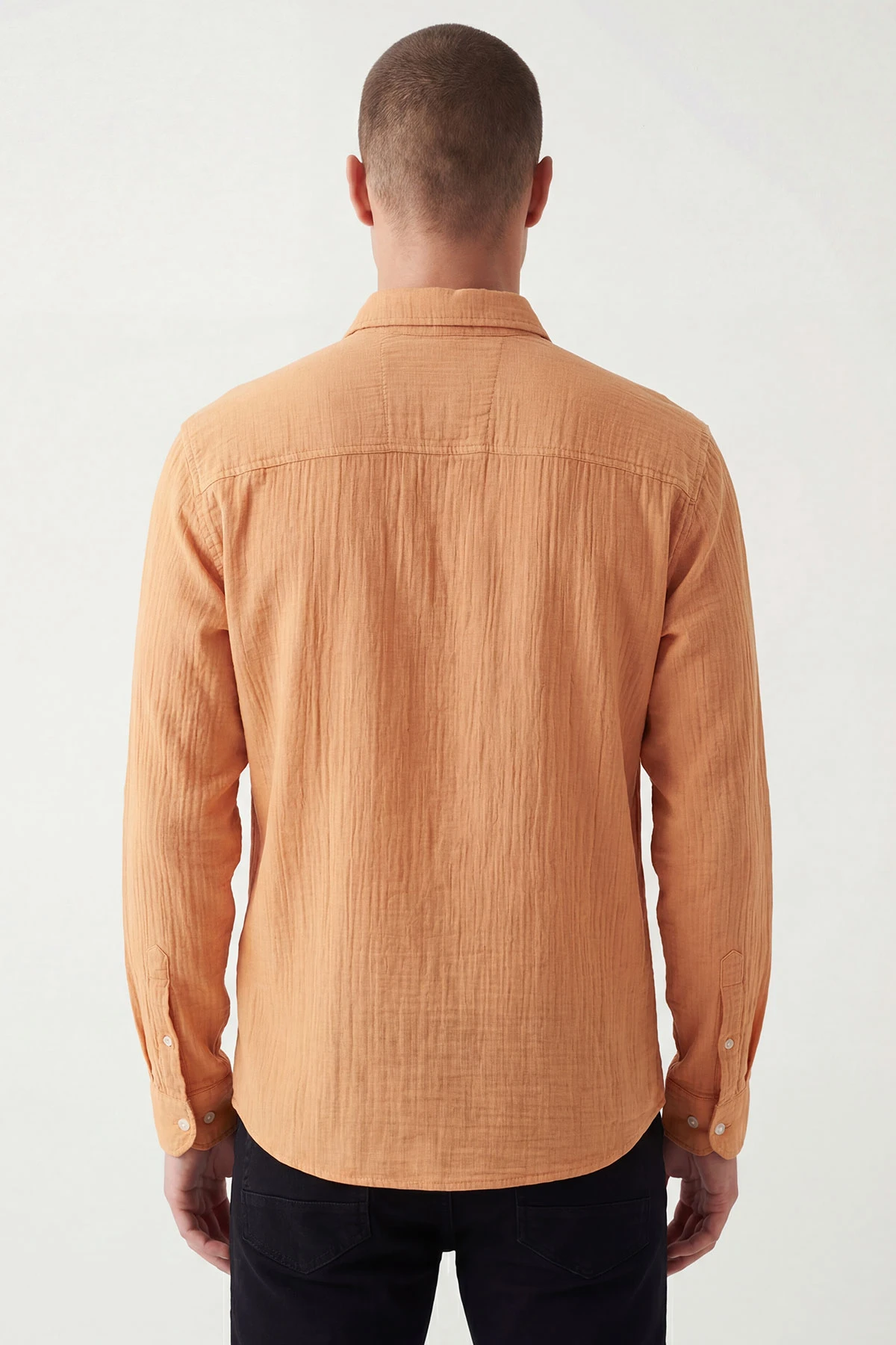 Turuncu Relaxed Fit Müslin Keten Ata Yaka Erkek Gömlek 435754