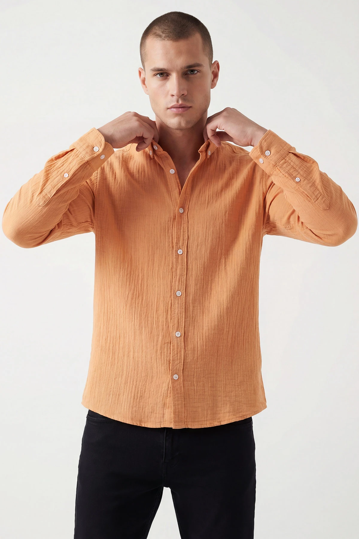 Turuncu Relaxed Fit Müslin Keten Ata Yaka Erkek Gömlek 435754