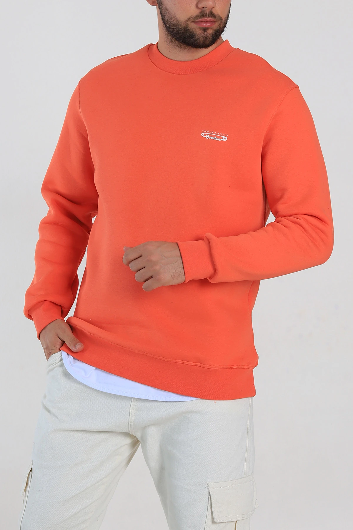 Turuncu Relaxed Fit Üç İp Şardonlu Kabartma Yazı Detay Erkek Sweatshirt 310410